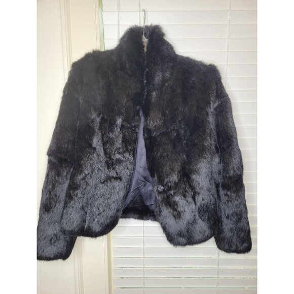 VTG Genuine Rabbit Fur Coat Black Med Cozy Soft Old Money Classic - Picture 1 of 6